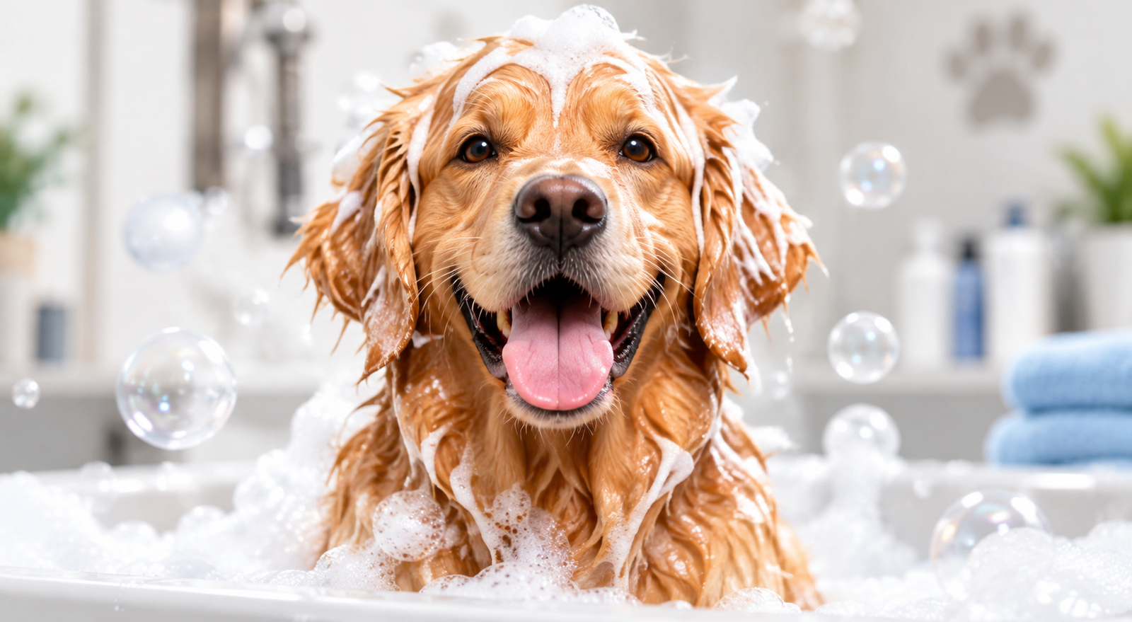 Dog receiving a professional grooming bath