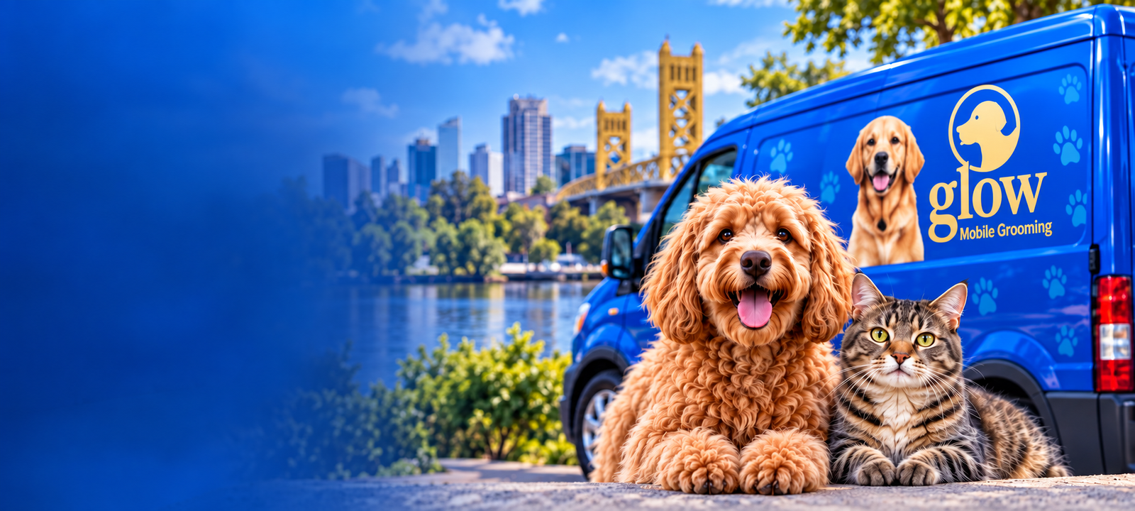 Glow Mobile Grooming van providing mobile dog and cat grooming in Sacramento, Contra Costa and the San Francisco Bay Area