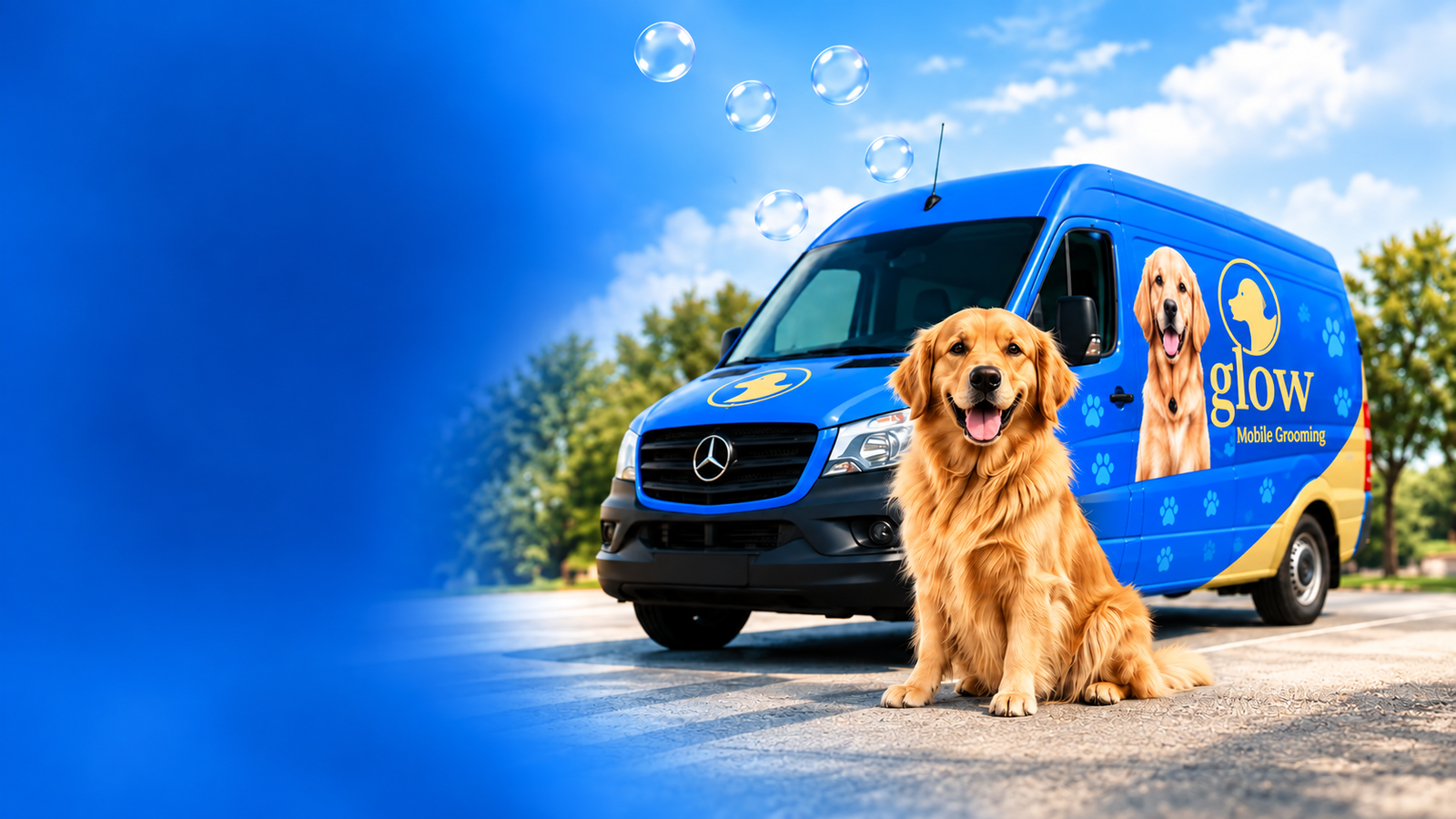 Glow Mobile Grooming van with Golden Retriever after a completed grooming booking